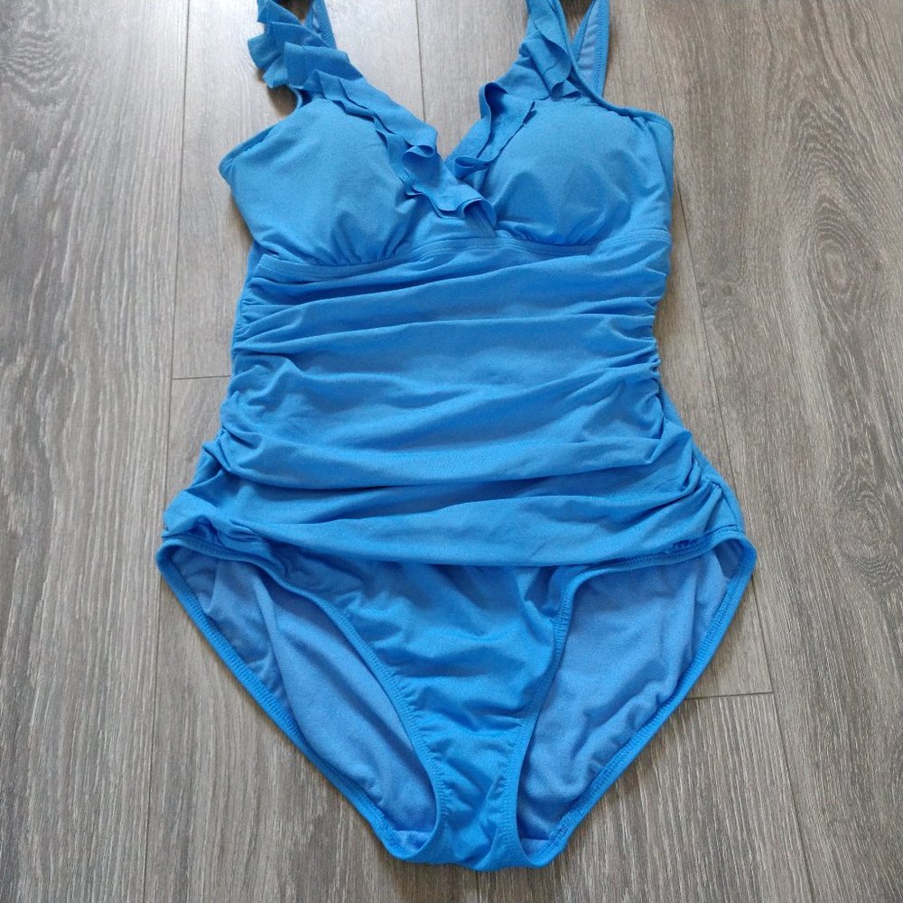 LAUREN RALPH LAUREN V Neck Ruffled One Piece Swimsuit